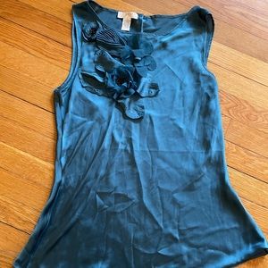 Size L Blue Tank Blouse w/ Chainlink/Fabric Flowers